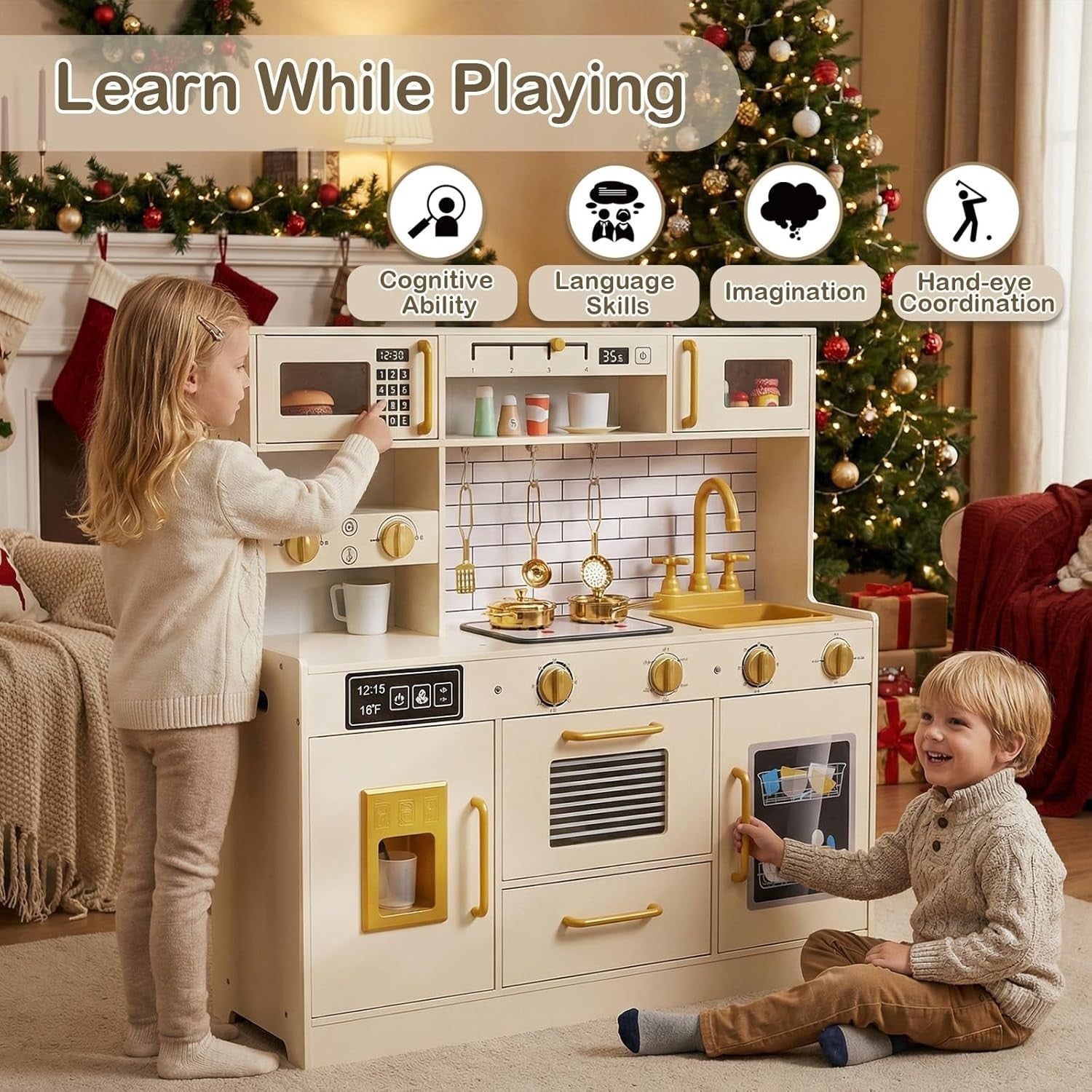 Kids Wooden Play Kitchen Lights Sounds Ice Dispenser Coffee Maker