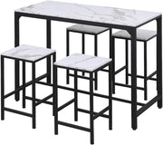 5Pcs Bar Table Set with 4 Stools White Marble Top Dining Kitchen Unit Furniture