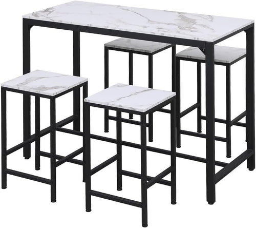 5Pcs Bar Table Set with 4 Stools White Marble Top Dining Kitchen Unit Furniture