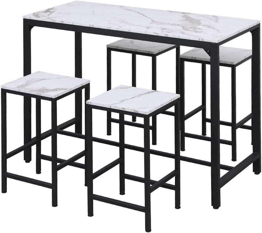 5Pcs Bar Table Set with 4 Stools White Marble Top Dining Kitchen Unit Furniture