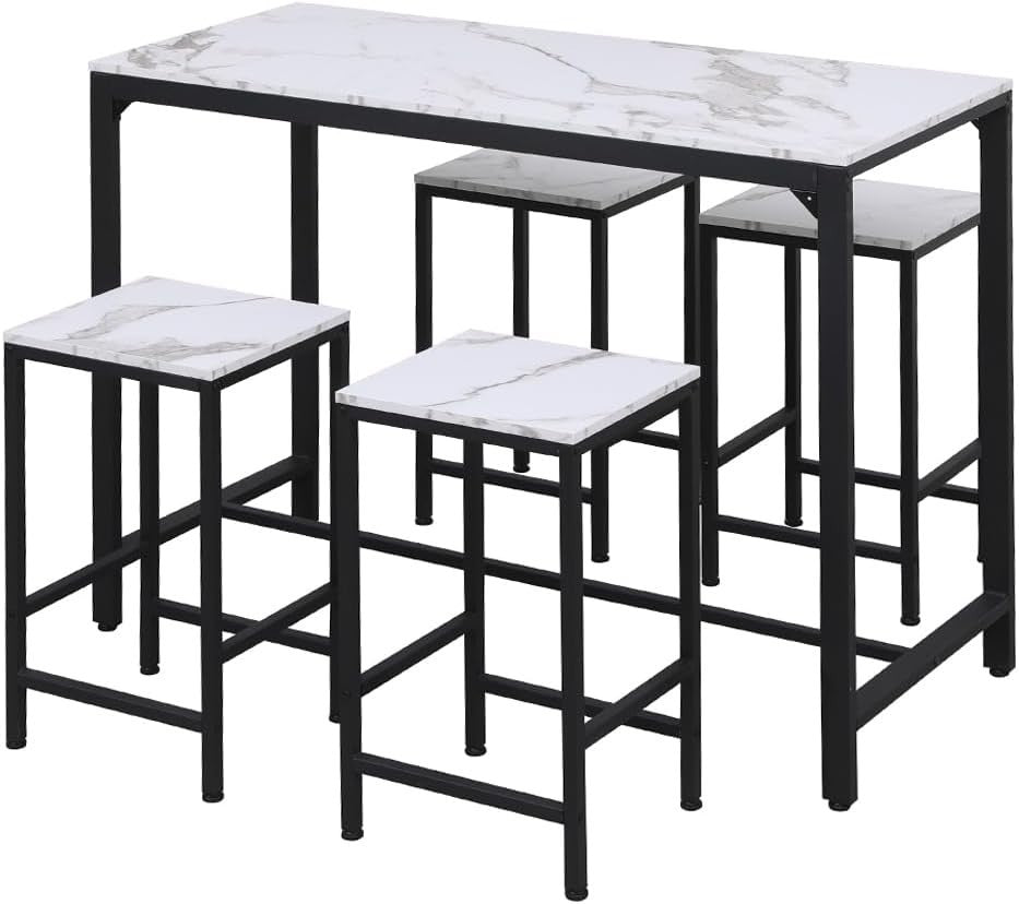 5Pcs Bar Table Set with 4 Stools White Marble Top Dining Kitchen Unit Furniture