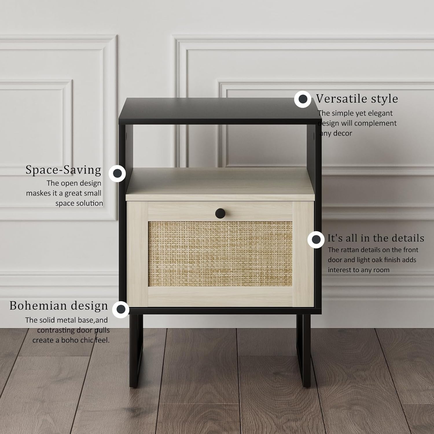 Boho Rattan Bedside Table Black Oak Nightstand with Drawer & Shelf