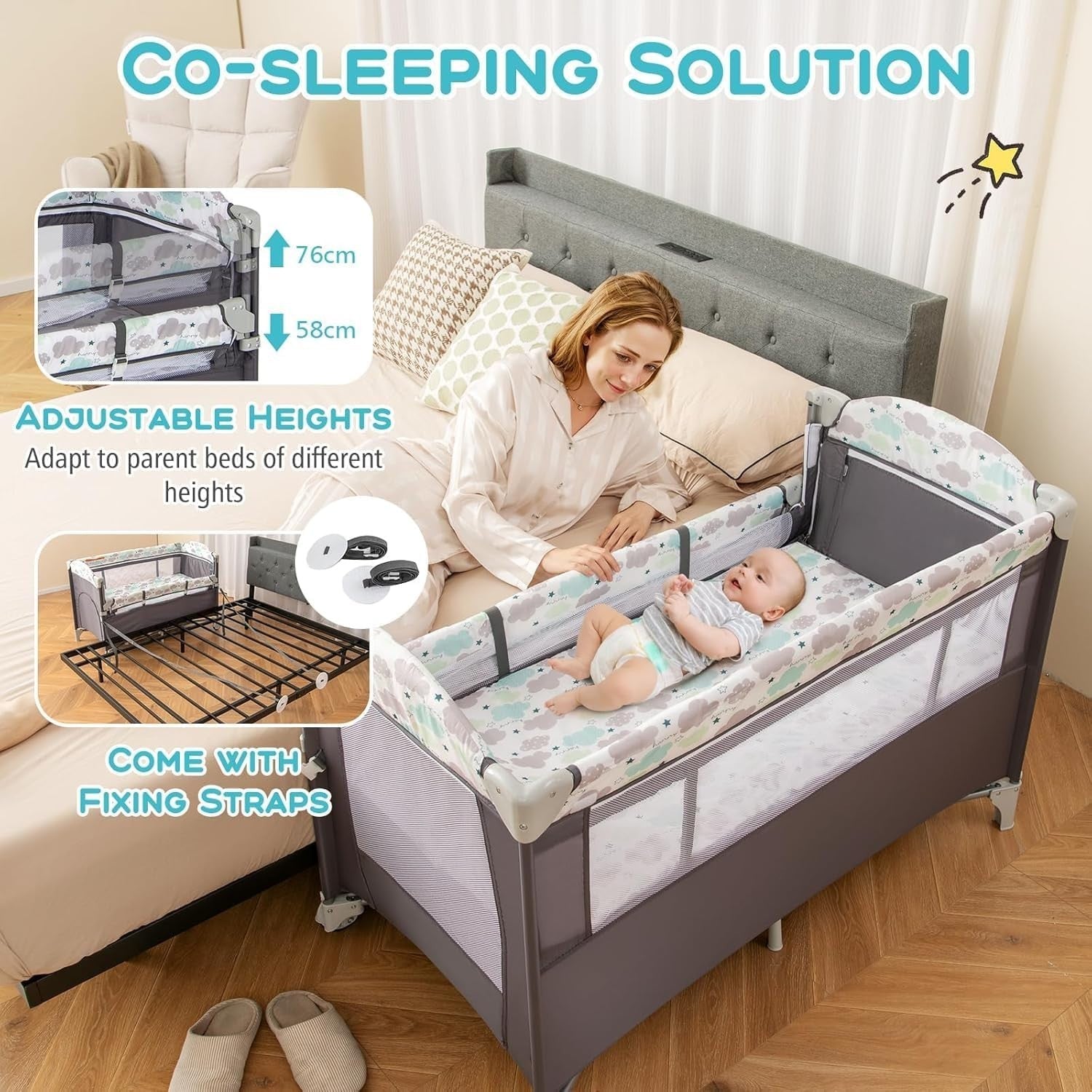 5in1 Baby Travel Cot Foldable Crib with Mattress Basket Changer & Storage Dark