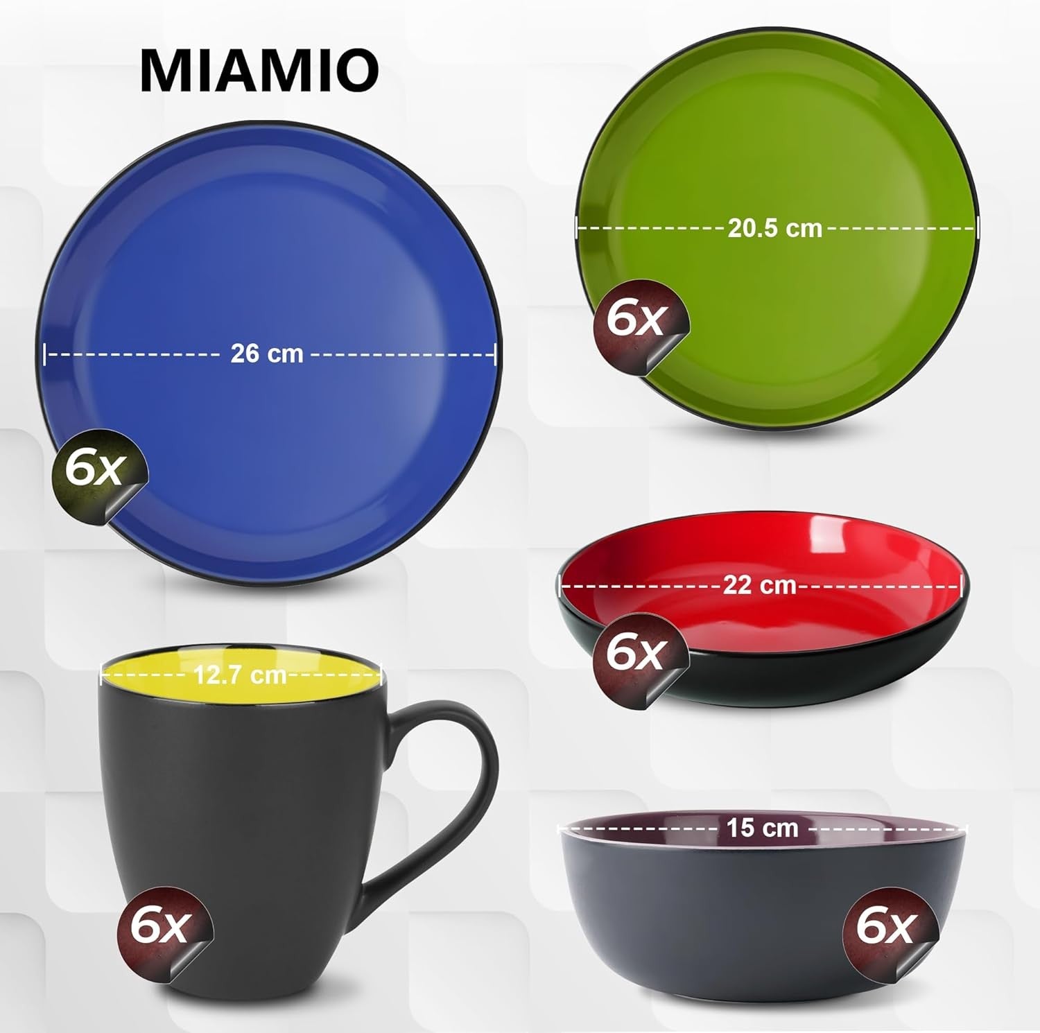 30pc Stoneware Dinner Set Mixed Colours Plates Bowls Mugs Service for 6