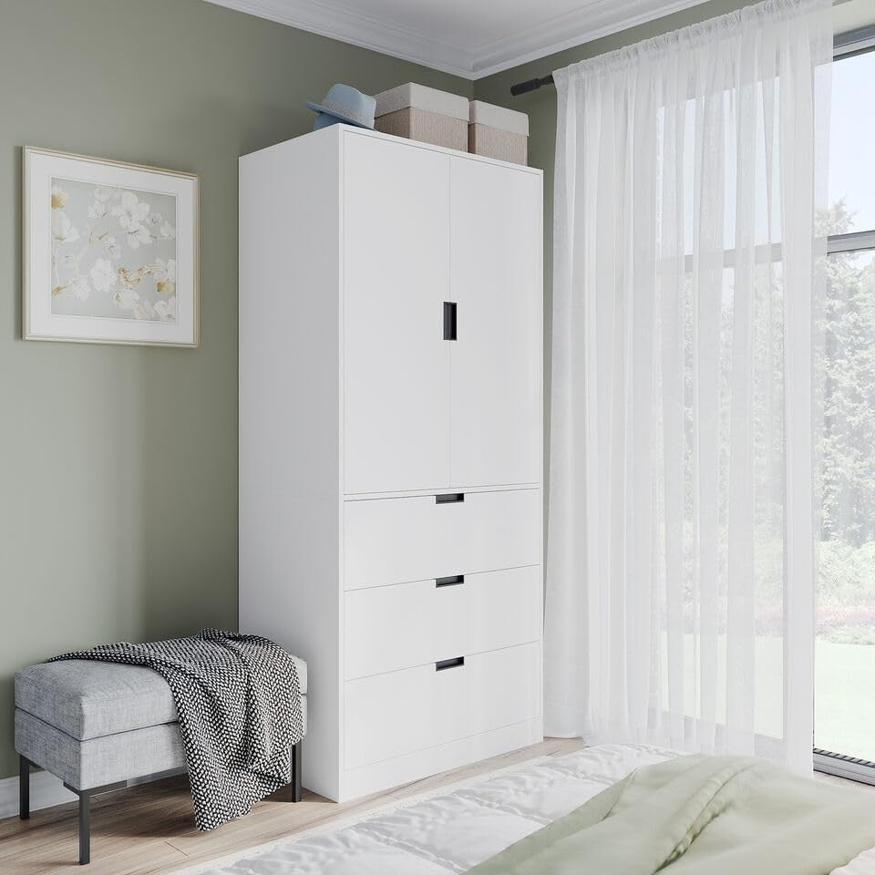 White 2 Door Wardrobe with 3 Drawers & Hanging Rail - Bedroom Storage Unit