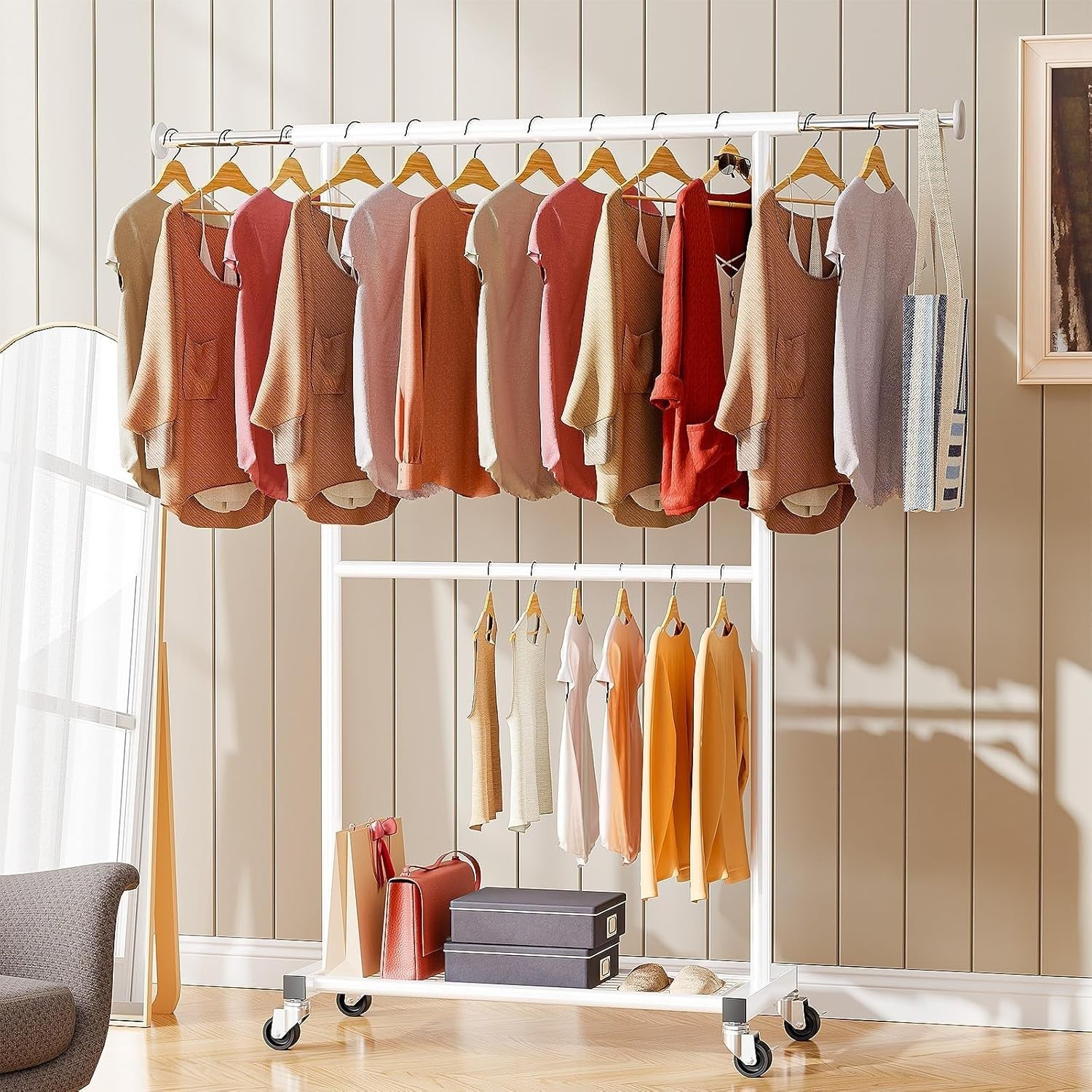 White Metal Garment Rack with Wheels & Bottom Shelves