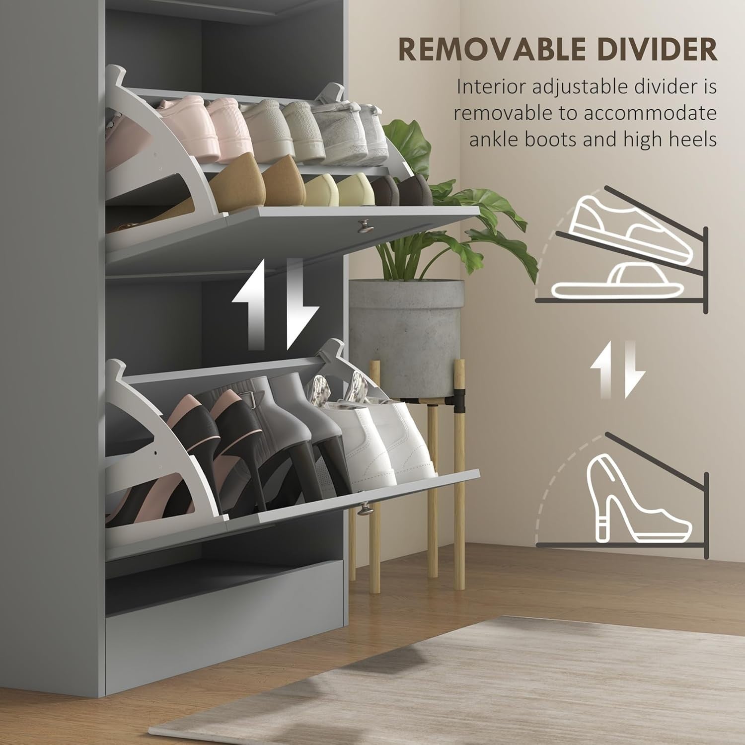 Slim Grey Shoe Cabinet 3 Flip Drawers Adjustable Shelves Space Saver