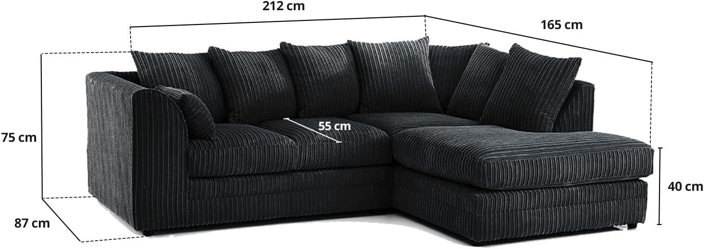 Black Jumbo Cord 4-Seater Right Hand Corner Sofa | Soft Cushions & Durable