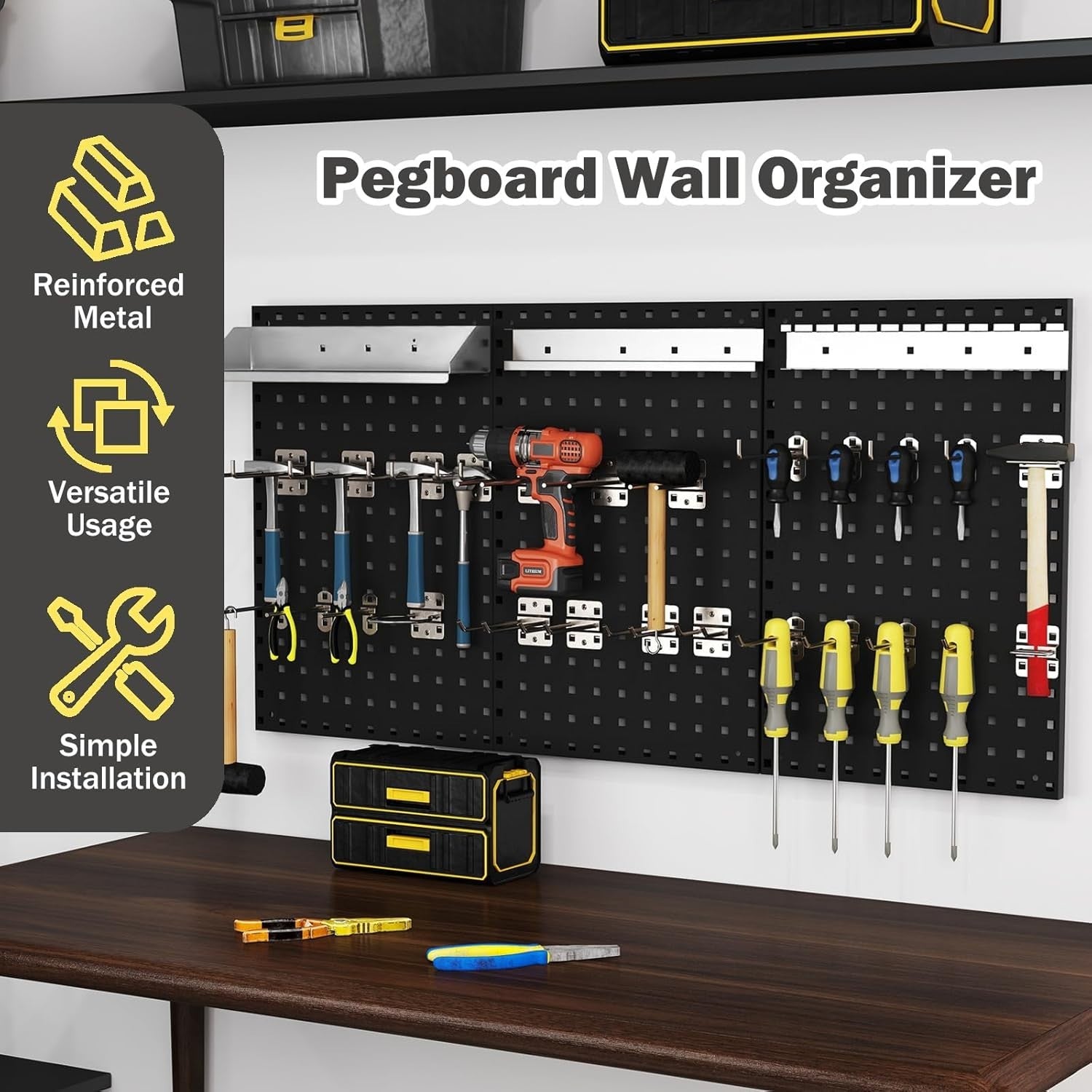 Wall-Mounted Tool Rack Organizer 3 Pegboards + 28 Hooks Black Red