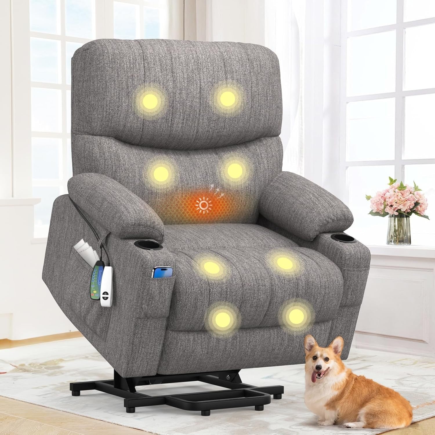 Electric Recliner Chair Massage Heat Oversized Lift USB Type-C Grey Armchair