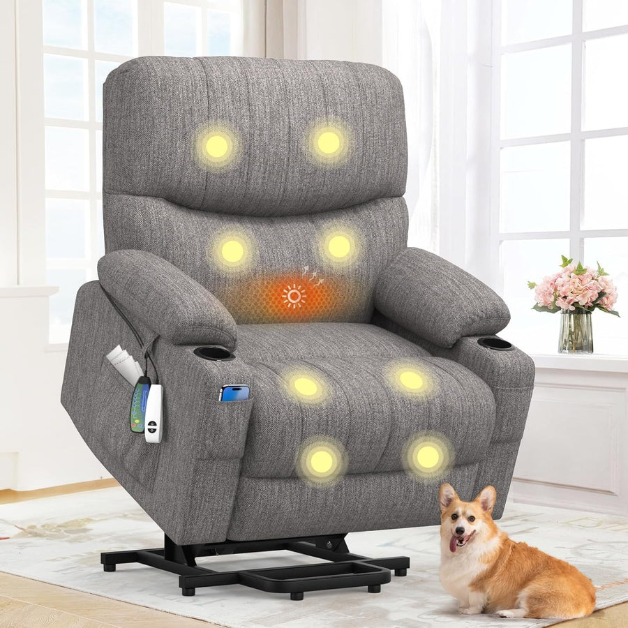 Electric Recliner Chair Massage Heat Oversized Lift USB Type-C Grey Armchair