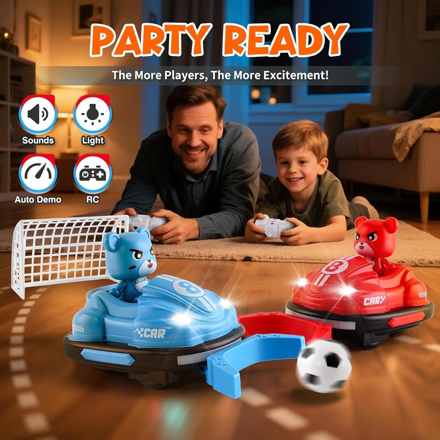 2PCS RC Bumper Car Set with Music Lights & Soccer Game for Kids 5-8