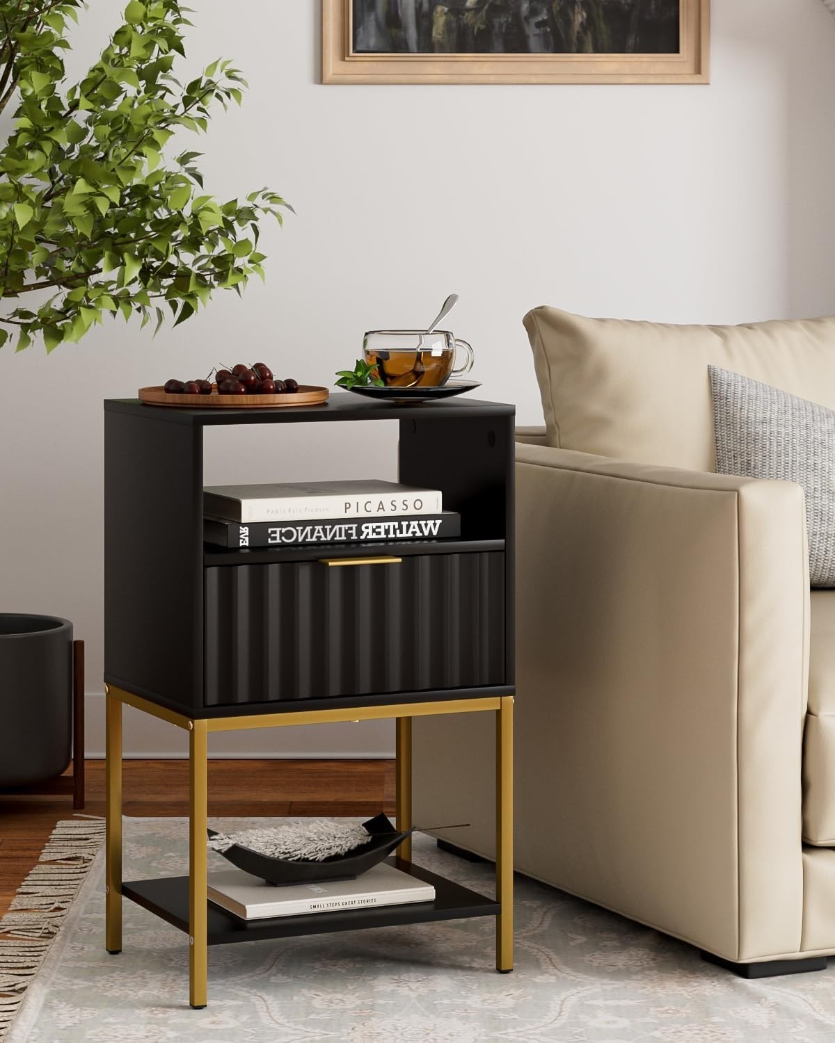 Modern Black Bedside Table with Gold Frame – 3-Tier Storage Nightstand