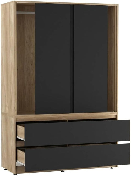Black Sliding Door Wardrobe with 4 Drawers & Metal Hanging Rail Storage