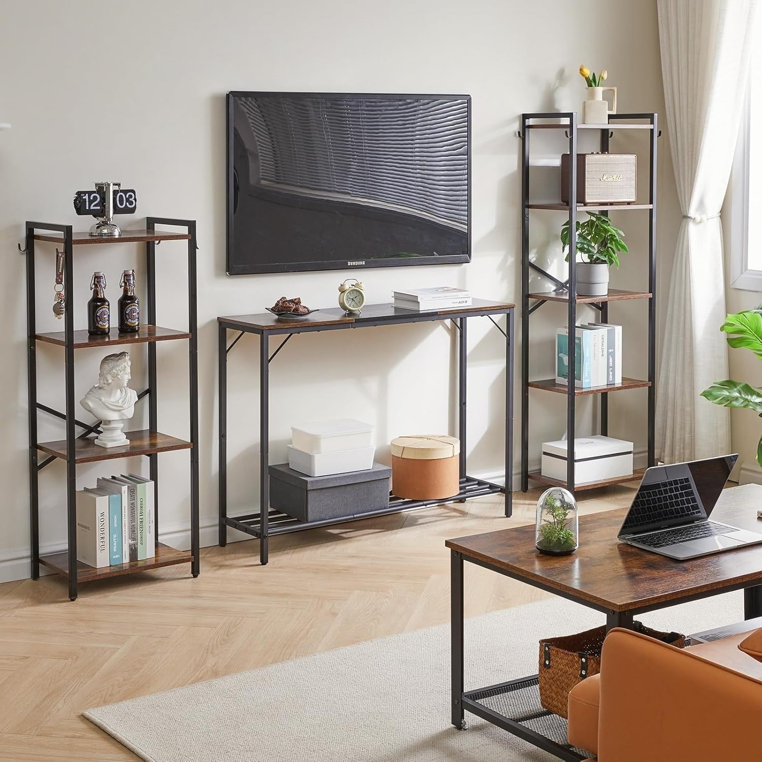 Industrial Narrow Console Table 107cm Sturdy Metal Frame Storage Shelf