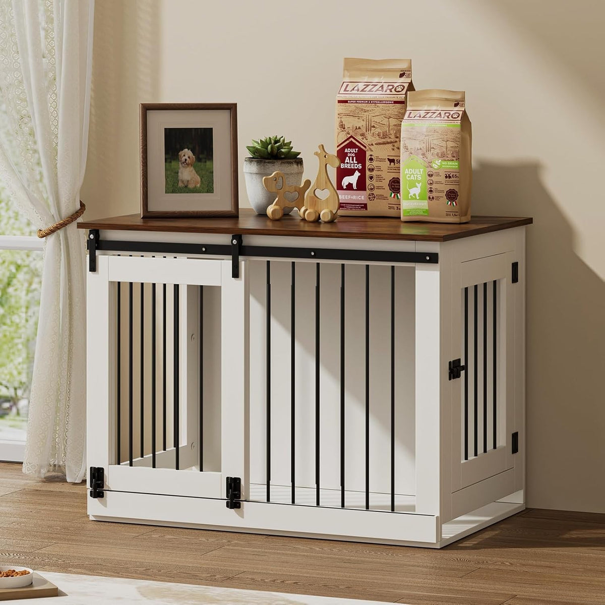 Medium Wooden Dog Crate Furniture 94x63x76cm Indoor Kennel, Sliding Lockable Doo