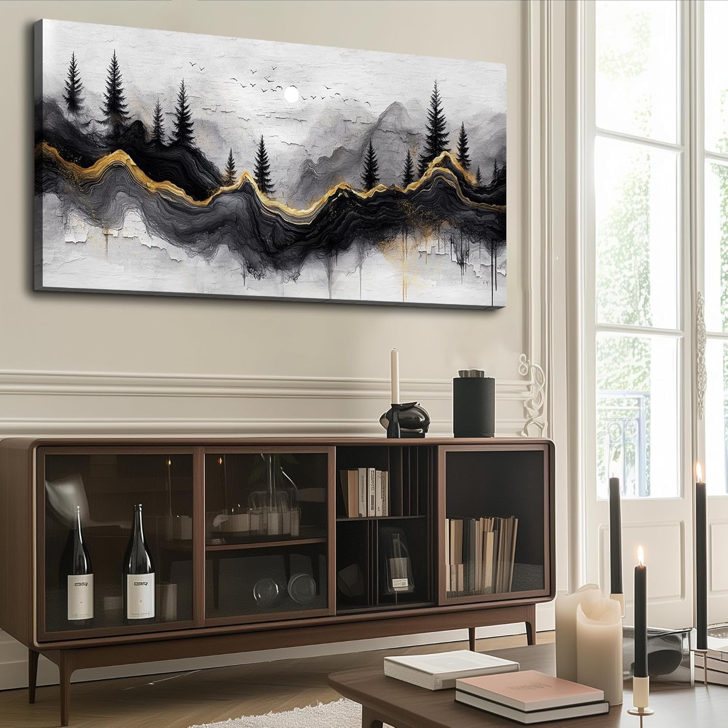 29"x57" Large Black Gold Abstract Forest Canvas Wall Art – XXL Decor