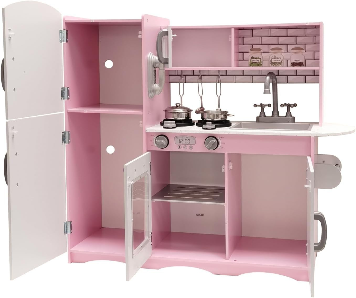 Large Wooden Kids Play Kitchen Lights Sounds Toy Set Microwave Fridge