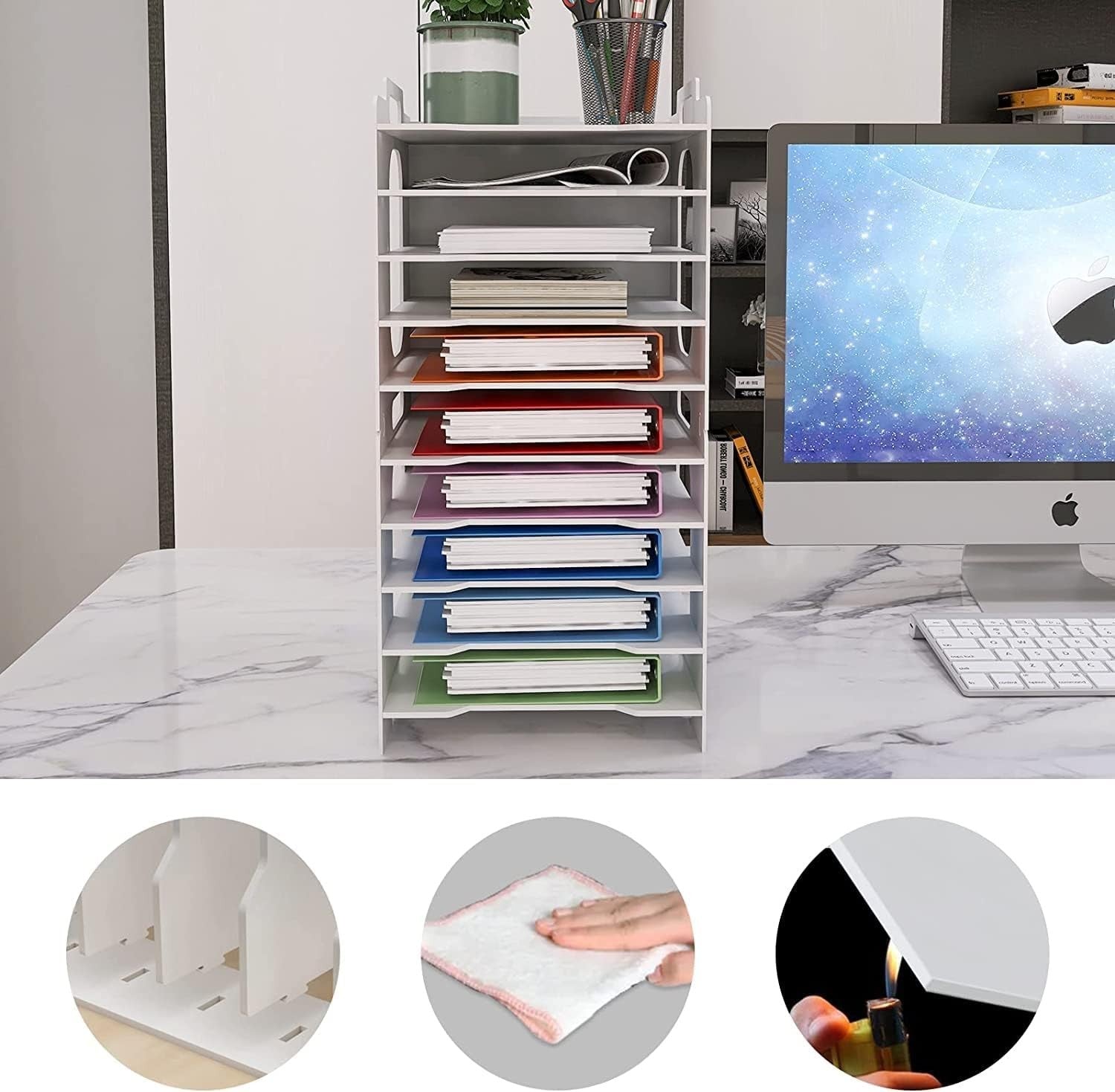 10-Tier White Desk Paper Tray Organizer for A4 Files & Documents