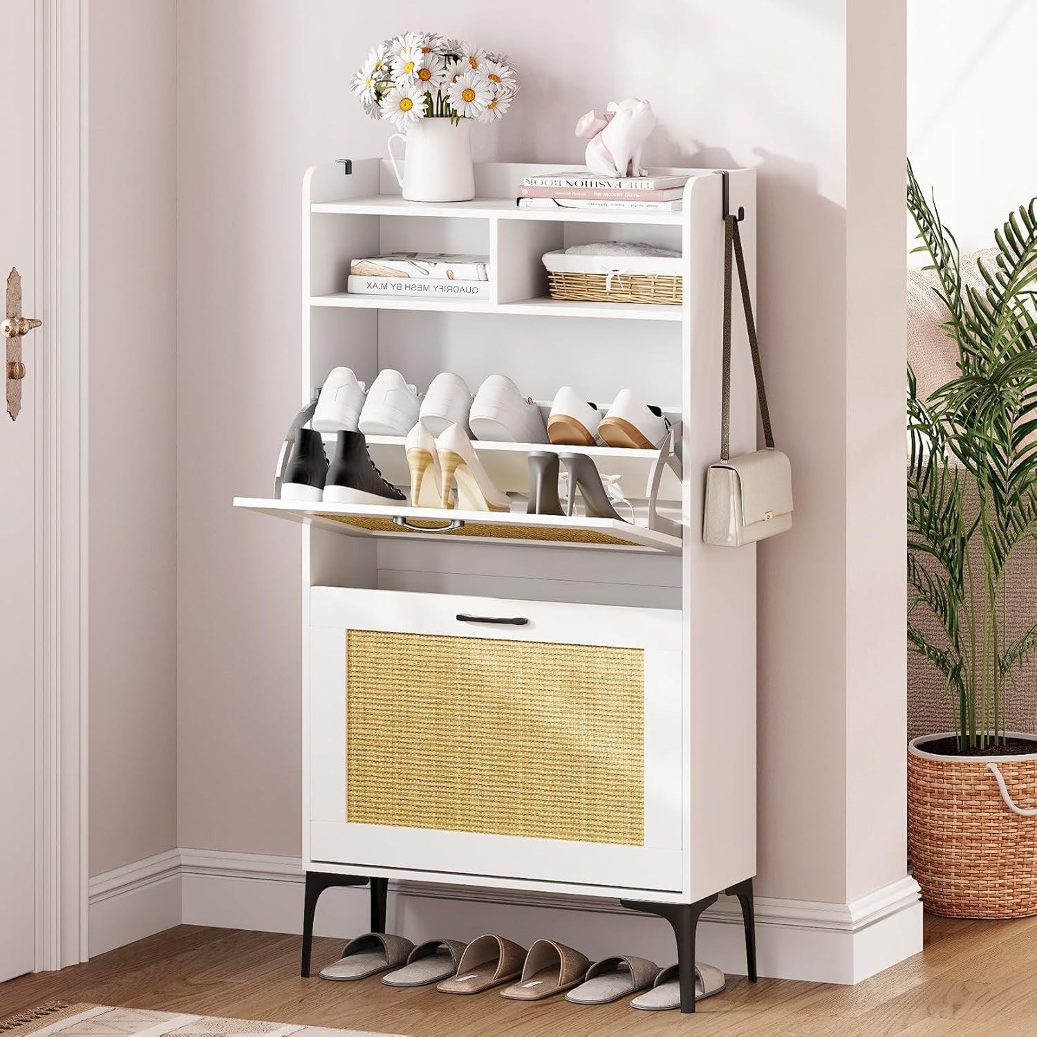 Compact Rattan White Shoe Cabinet 2 Flip Drawers + Open Storage 60x24x114cm