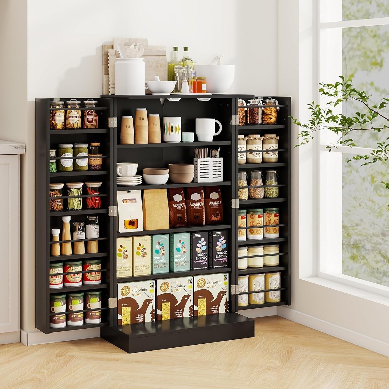 Small Black Pantry Cabinet with 2 Doors and 17 Shelves