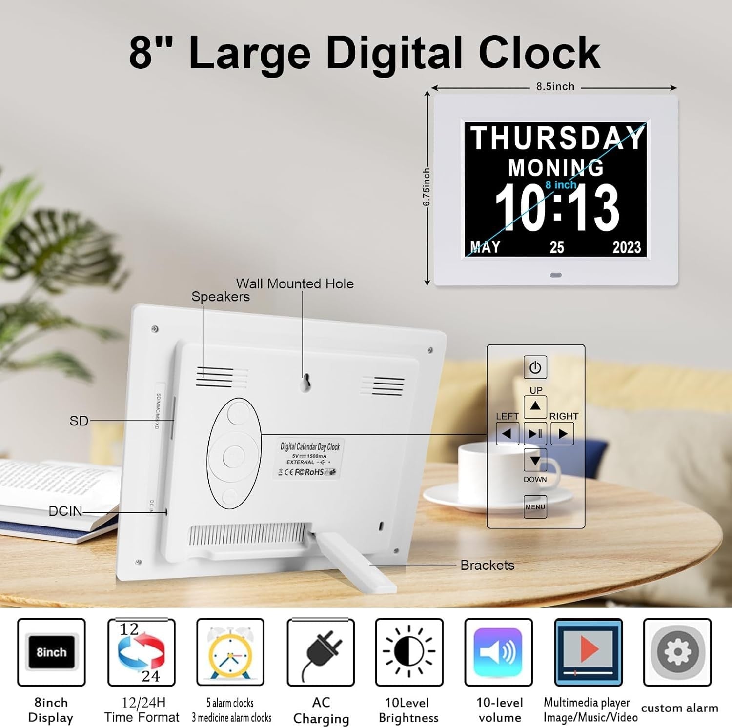 Digital Dementia Day Calendar Alarm Clock 8” Large Display White