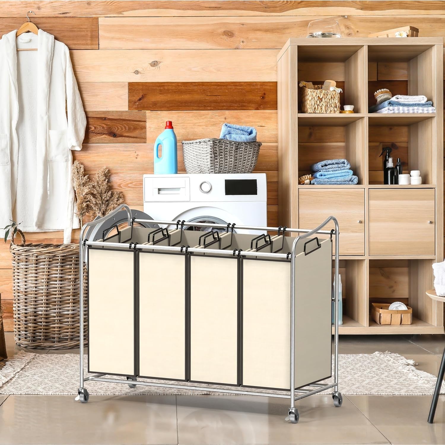 4 Bag Chrome Laundry Sorter Cart Heavy Duty with Wheels Removable Hampers