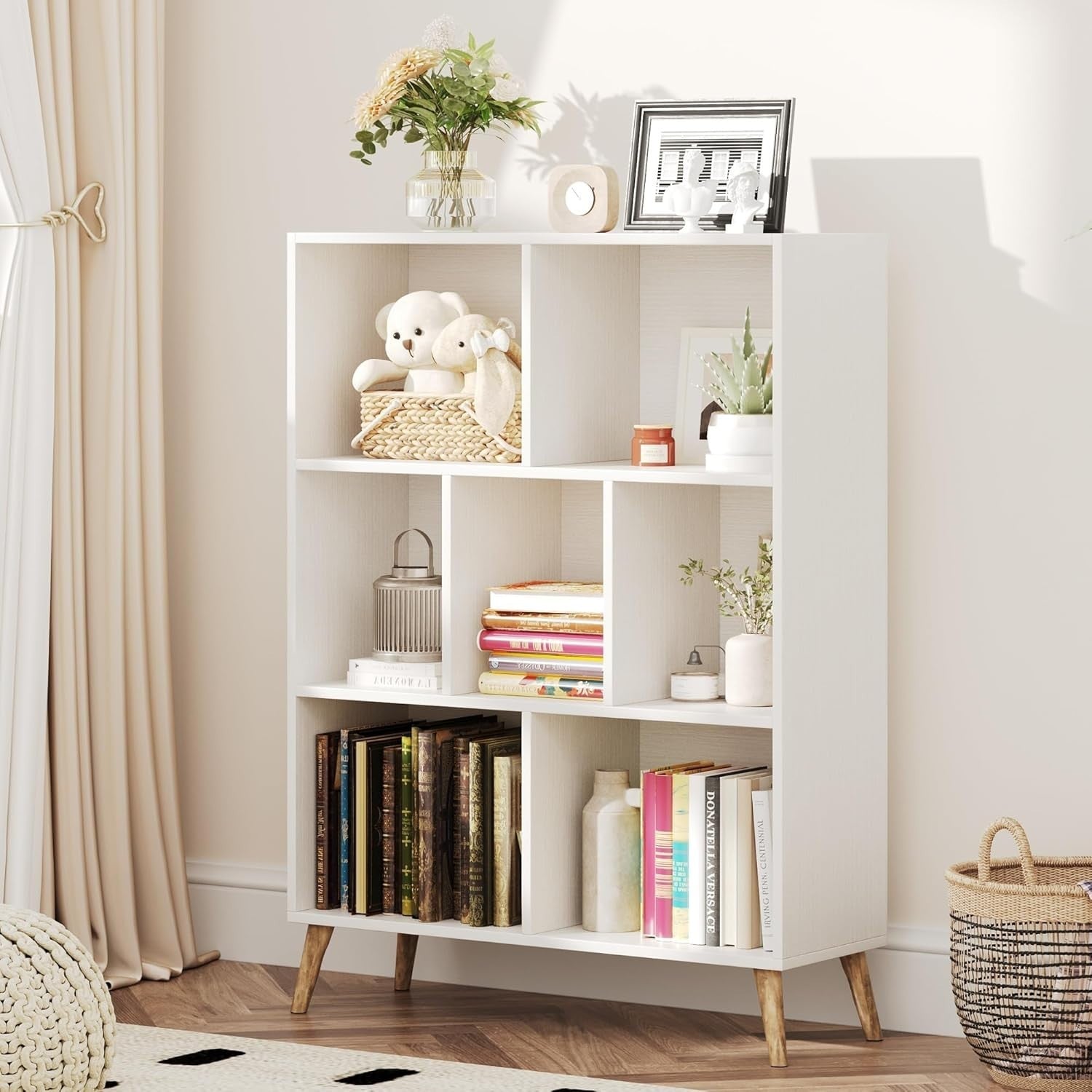 7 Cube White Wooden Bookcase Modern 3 Tier Storage Shelf with Legs 80x24x107cm