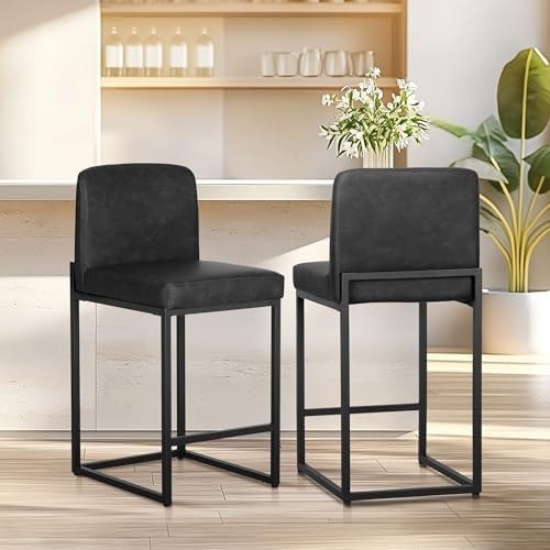 Kitchen Bar Stools Set of 2 Black Faux Leather Counter Chairs 60cm