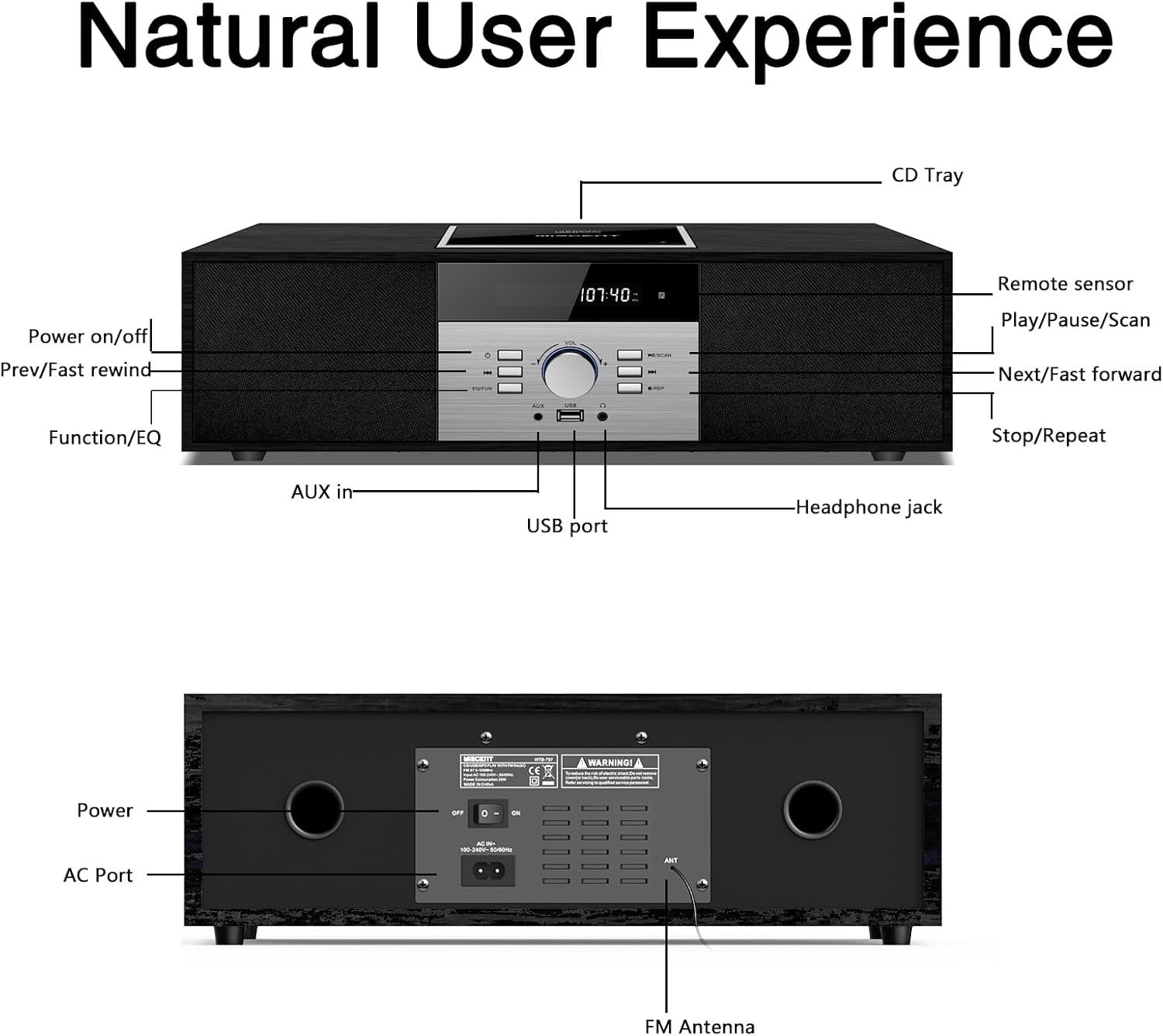 Retro Bluetooth CD Stereo System with USB, FM Radio, Wooden HiFi Speakers