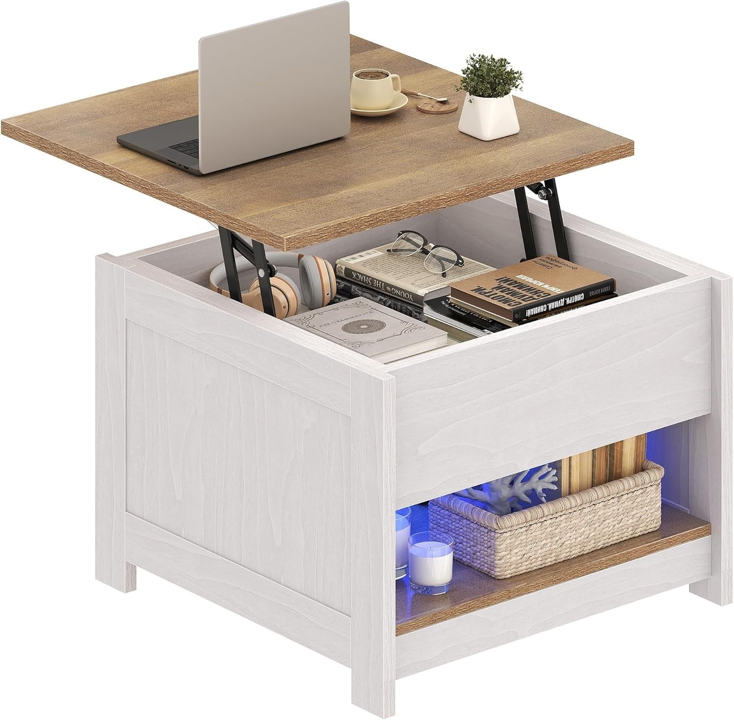 Lift Top Modern Rustic Coffee Table with Storage & LED Lights 60x60cm