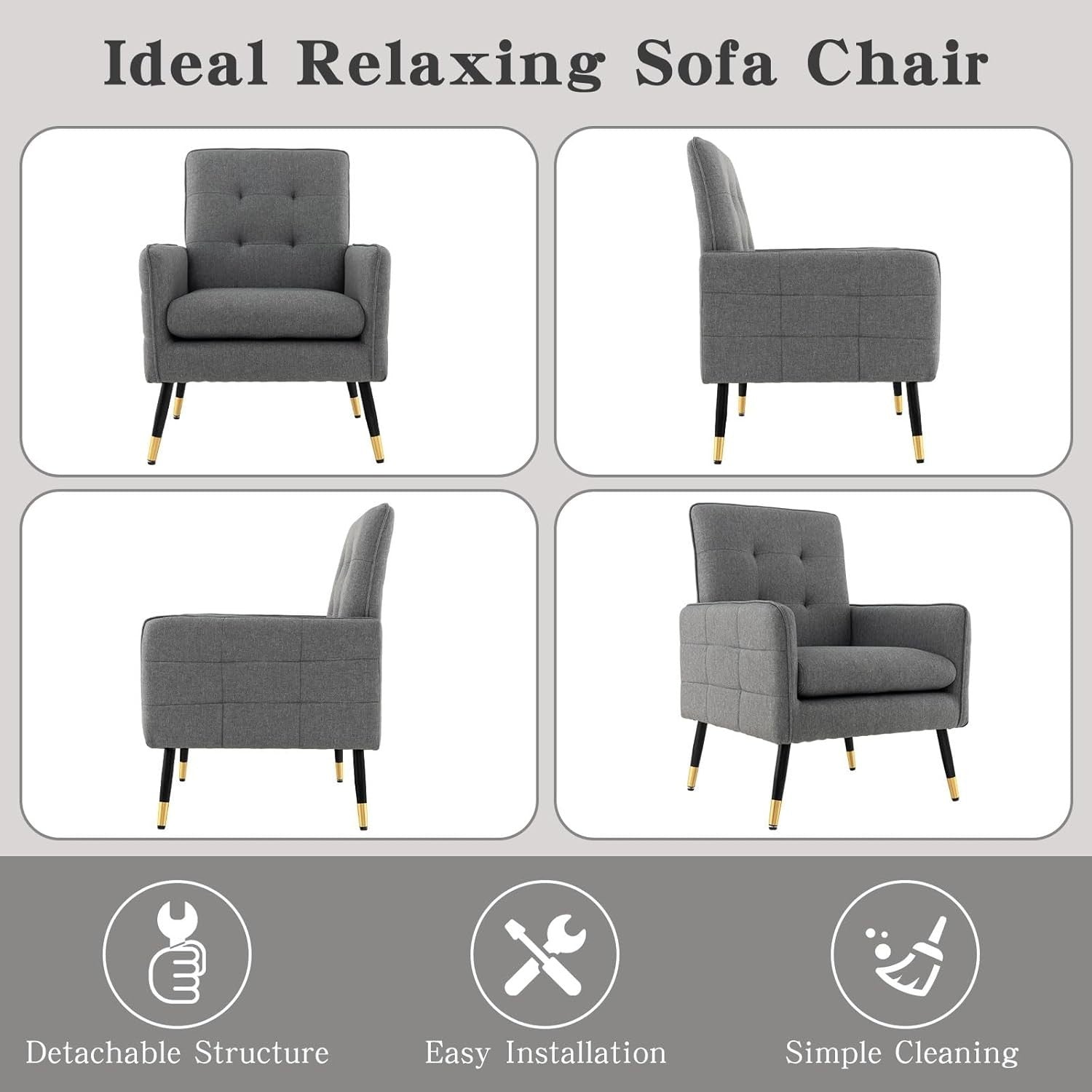 Comfy Grey Linen Accent Chair, Modern Tufted Sofa Chair with Metal Legs