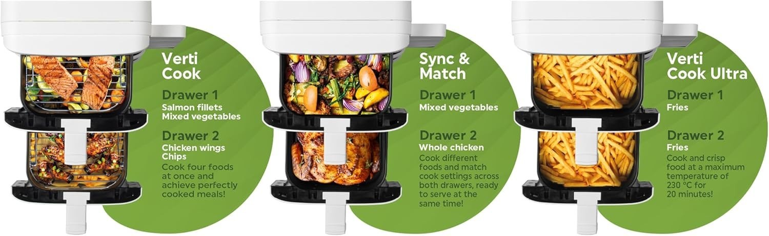 Vertical Dual Drawer Air Fryer 9L 9 Presets, 4-Level Cooking Sync/Match, 2400W