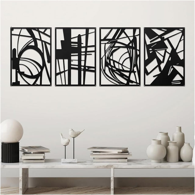 Abstract Black Metal Wall Art 4pc Modern Iron Panels