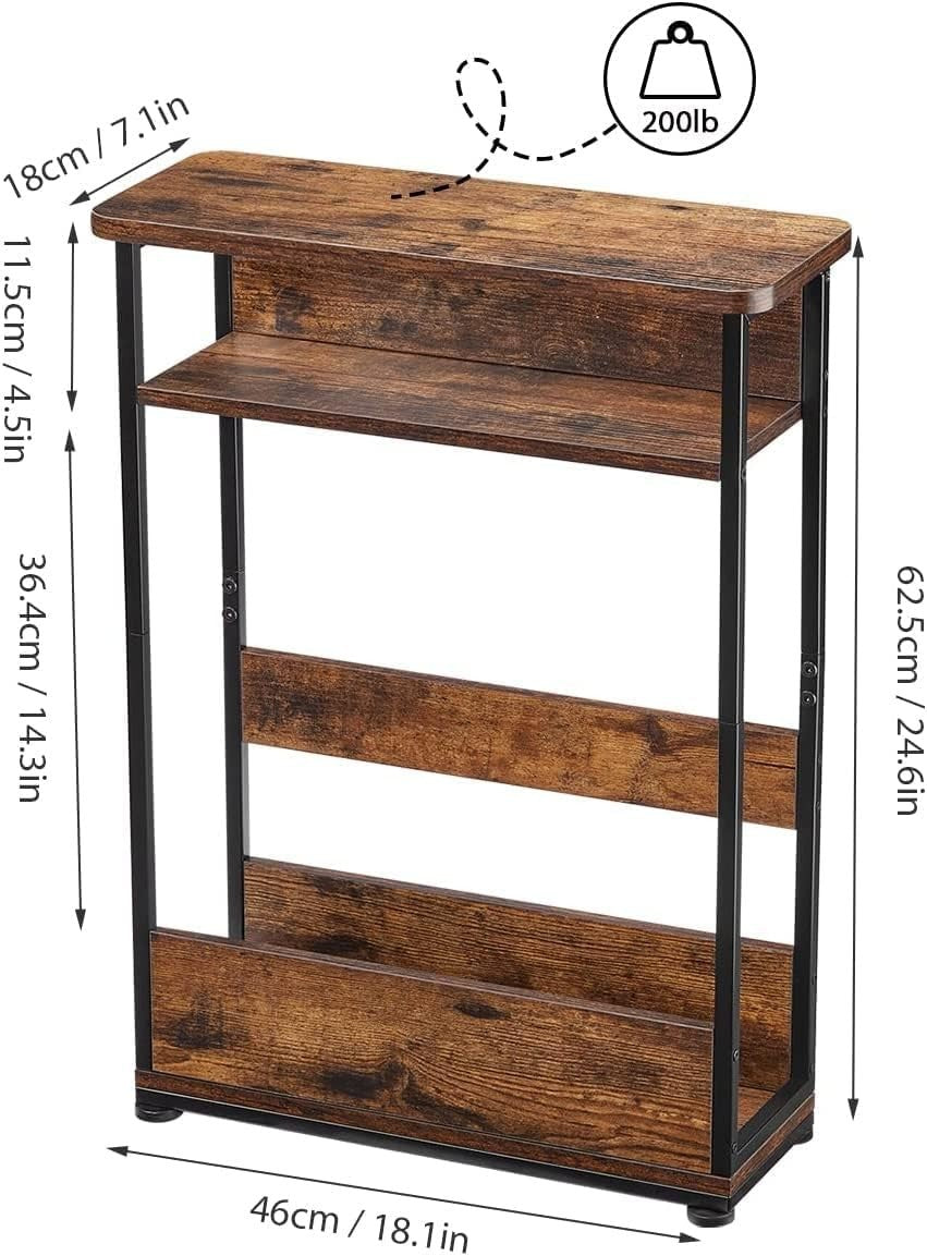 Narrow Side Table with Storage Shelf, 3-Tier Slim Nightstand for Small Spaces, 4
