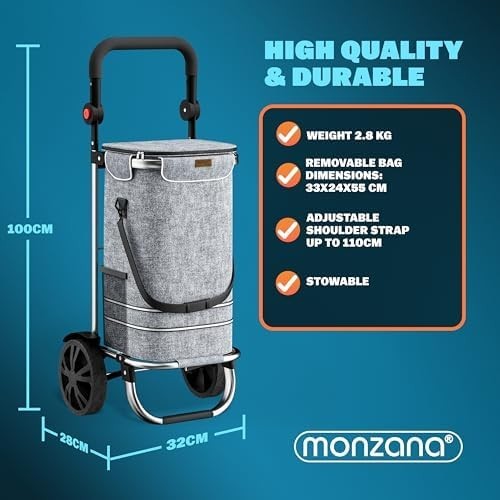 Foldable 3-in-1 Grey Shopping Trolley with Cooler Bag – 56L, 50kg Load