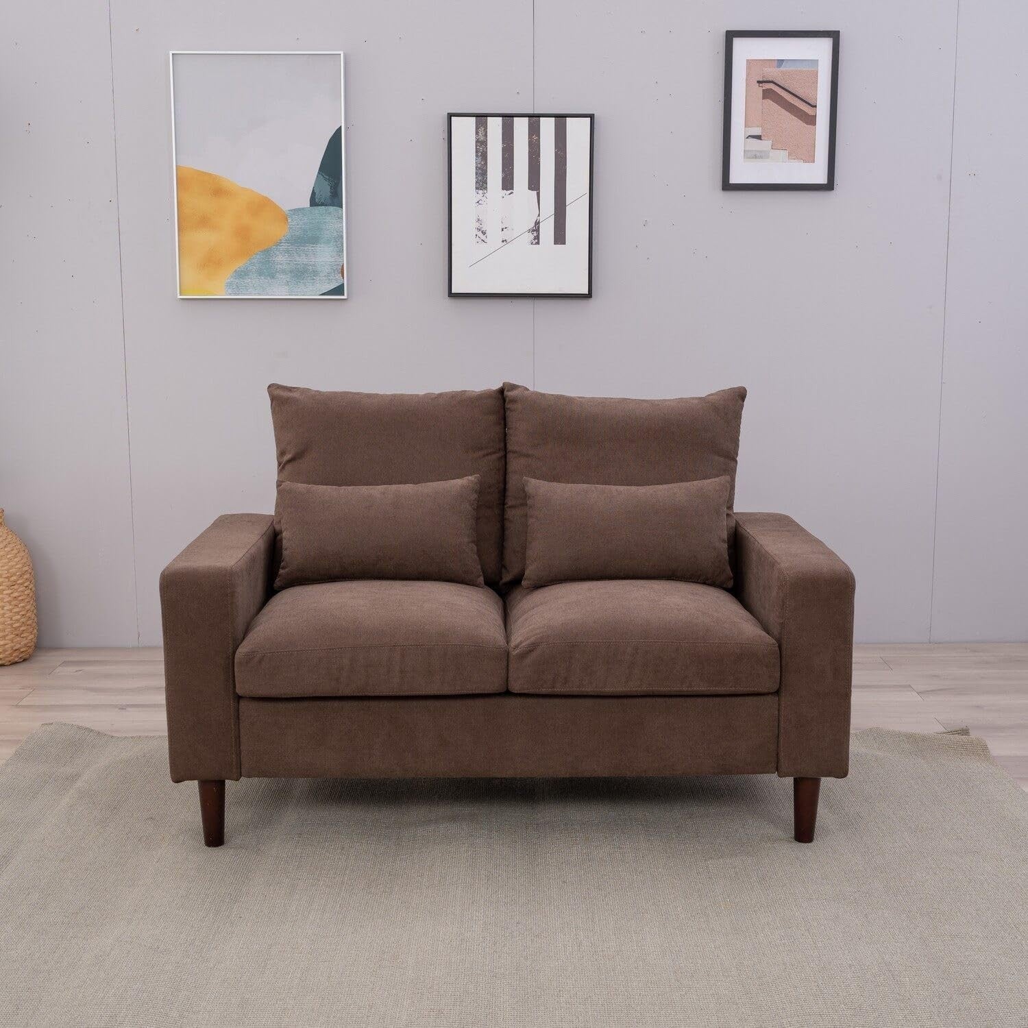 2 Seater Sofa Brown Linen Fabric Small Couch Modern Solid Wood Legs + Cushions