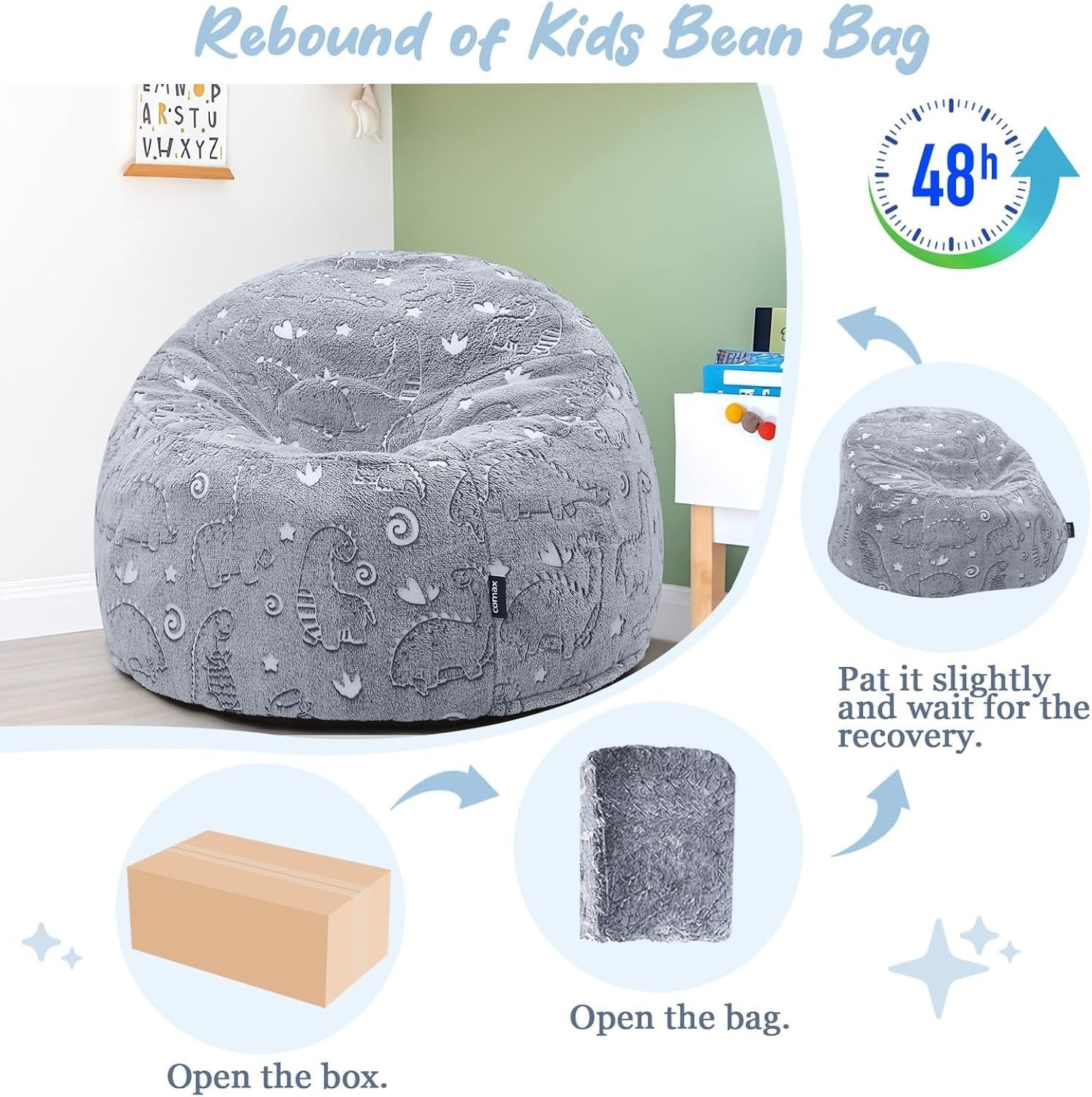 Kids Bean Bag Chair, Glow in the Dark Dinosaur Sofa, Portable, Machine Washable