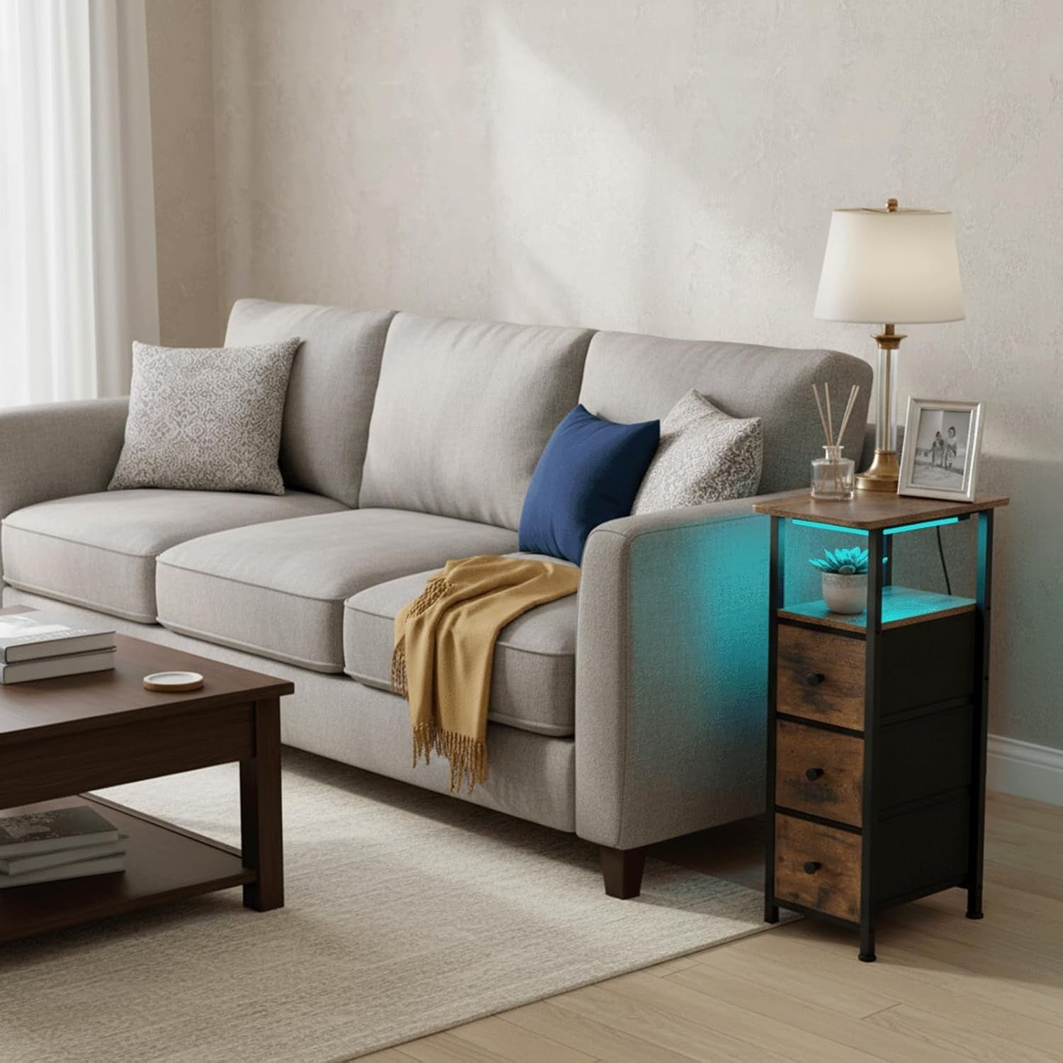 Slim Bedside Tables Set of 2 with LED Light, Charging Ports & Storage Drawers