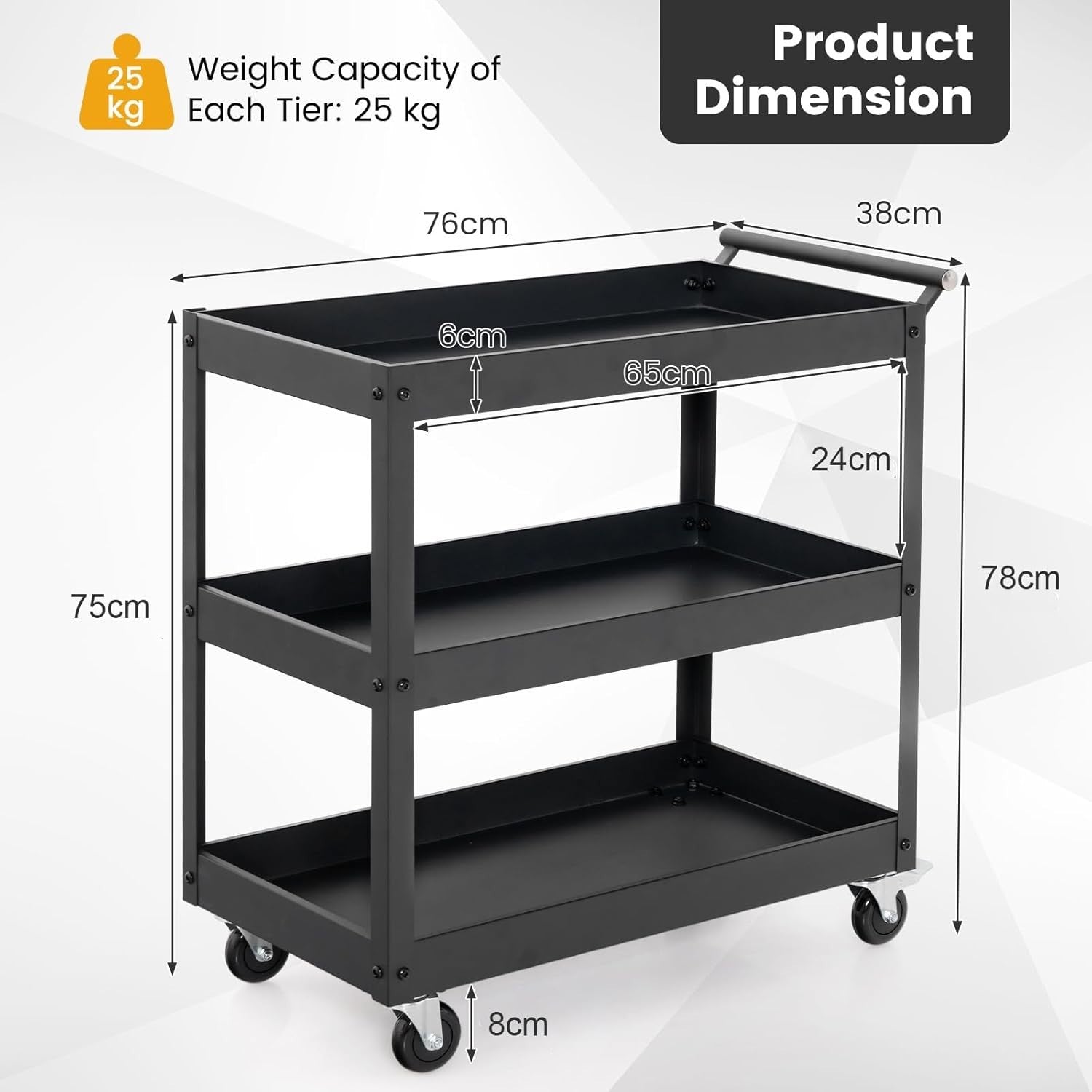 Heavy Duty Grey 3-Tier Rolling Utility Cart w/ Lockable Wheels 38x76x78cm