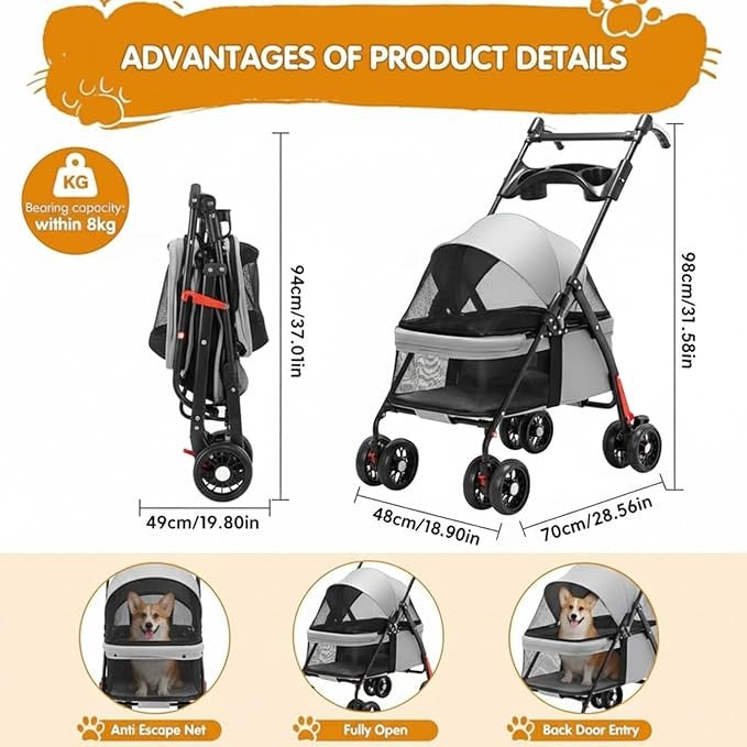 Lightweight Pet Stroller Foldable 4 Wheel Pushchair for Small Dogs Cats