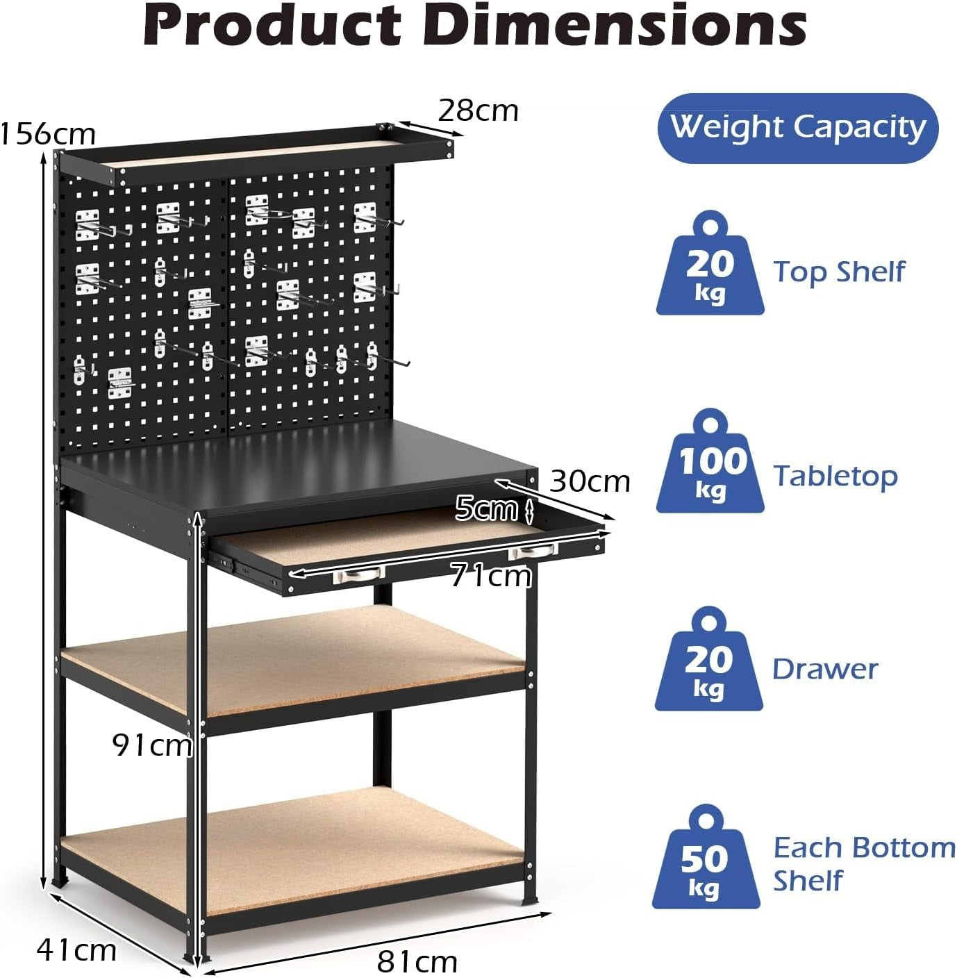 Heavy Duty Garage Workbench with Pegboards Drawer Shelves 290kg Tool Station