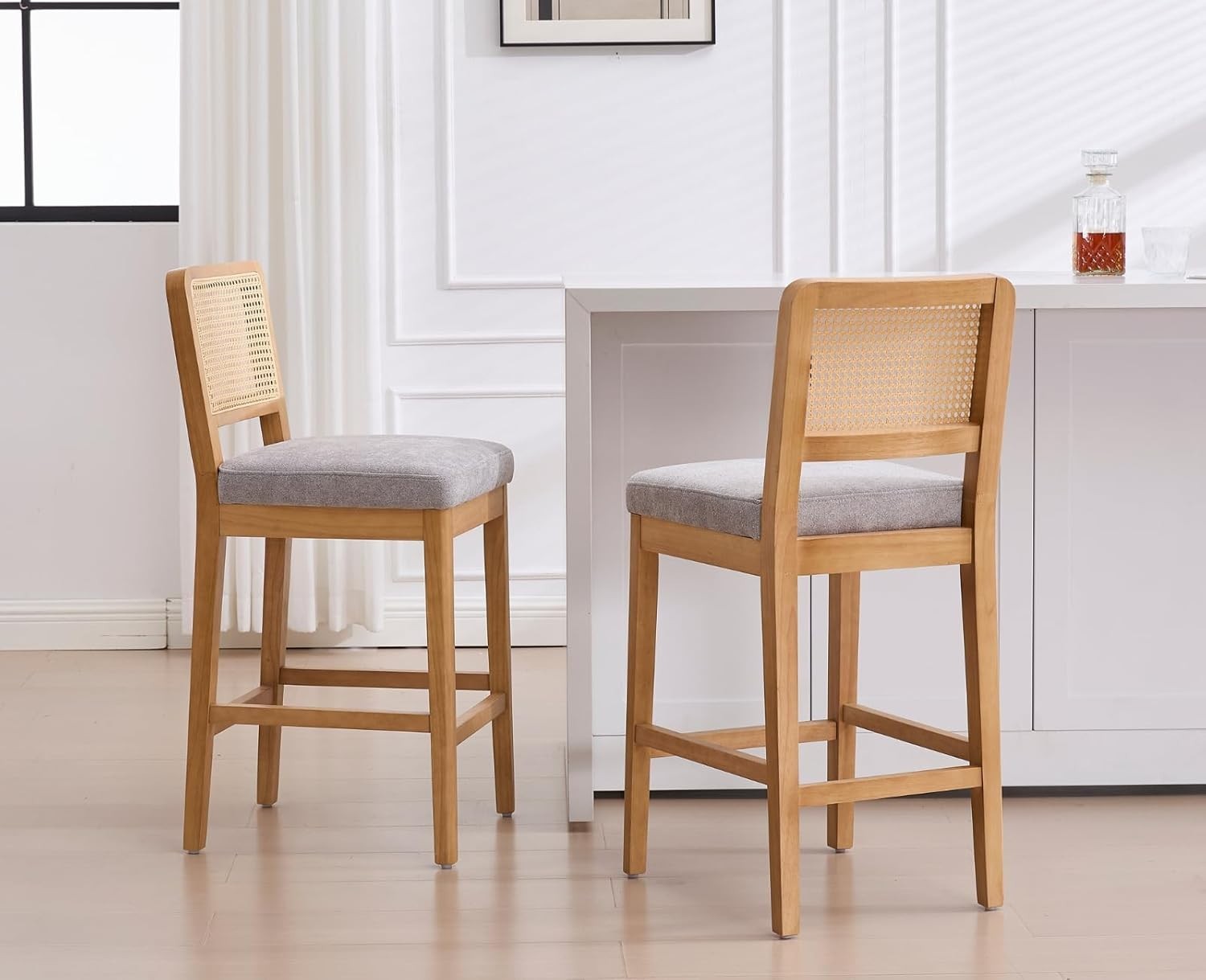 Gray Chenille Bar Stool Set of 2 with Rattan Back Wooden Legs