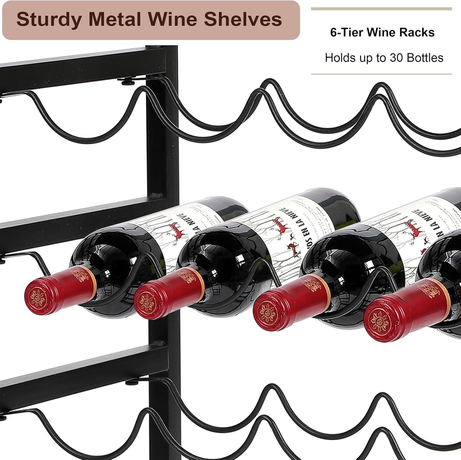 30 Bottle Wine Rack Floor Standing with Wood Top, 6-Tier Metal Wine Storage
