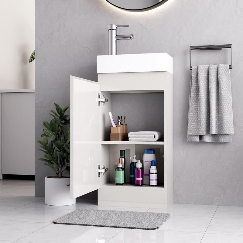 White Cloakroom Vanity Unit with Basin Trap & Waste 40cm Under Sink Storage