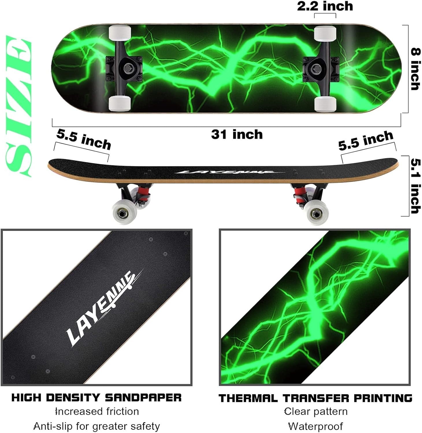 31" Green Skateboard for Adults & Teens | 7-Layer Maple Deck | ABEC-11 Bearings
