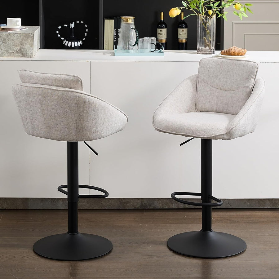 Adjustable Swivel Bar Stools Set of 2 | Linen Seat, Metal Base, Modern