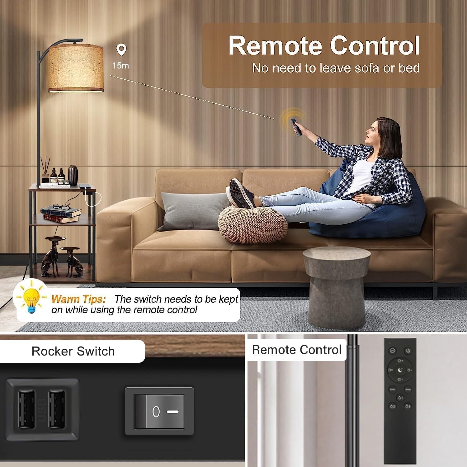 3-Way Dimmable Floor Lamp with Table USB Ports Shelves for Living Room