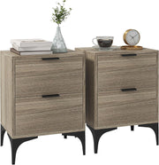 Set of 2 Modern Bedside Tables with 2 Drawers Grey Wood & Black Steel Legs