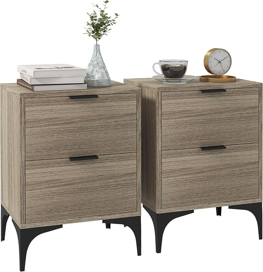 Set of 2 Modern Bedside Tables with 2 Drawers Grey Wood & Black Steel Legs